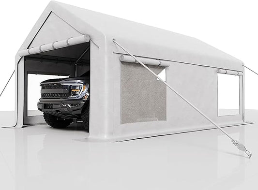 13X20Ft Waterproof Carport Canopy with Roll-Up Mesh Windows & Double Zipper Doors, 200g PE Tarp Cover for Cars, Trucks, SUVs, RVs, Boats & Outdoor Equipment Storage, White