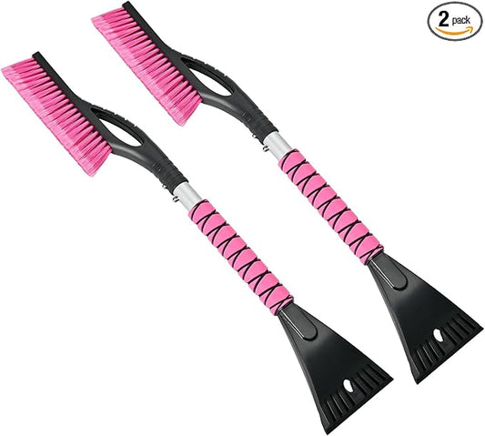 27" Snow Brush and Ice Scrapers for Car Windshield 2 Pack, Scratch-Free Bristle Head PVC Snow Brush & Foam Grip Window Snow Scraper Snow Removal Tool with Aluminum Body for Truck, SUV, Pink