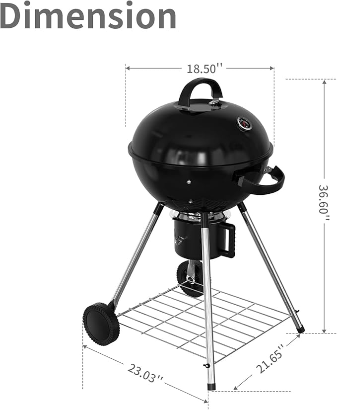 18.5-Inch Portable Charcoal Grill, Heavy Duty Kettle BBQ Smoker with Built-in Thermometer & Removable Water-Rinsable Ash Catcher for Outdoor Camping, Patio, Backyard, and Tailgating