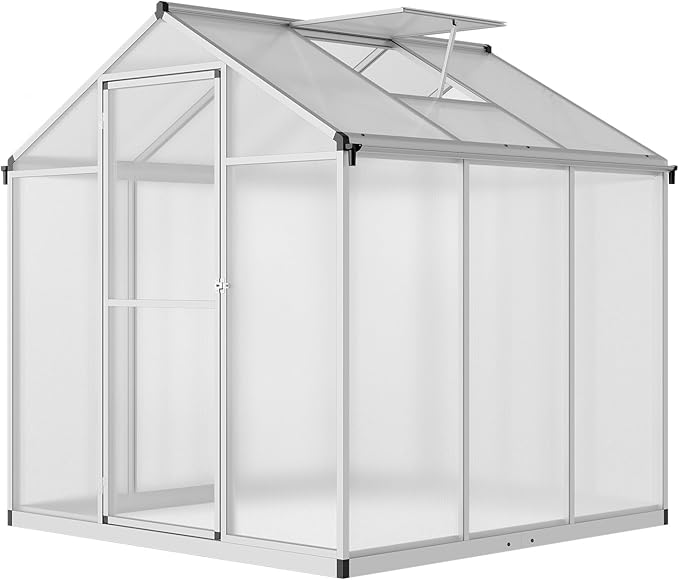 6 x 6.25 FT Greenhouse for Outdoors, Polycarbonate Greenhouse with Aluminum Frame, Lockable Door and Roof Vent, Large Walk-in Green Houses for Patio Garden Backyard Outside, Silver
