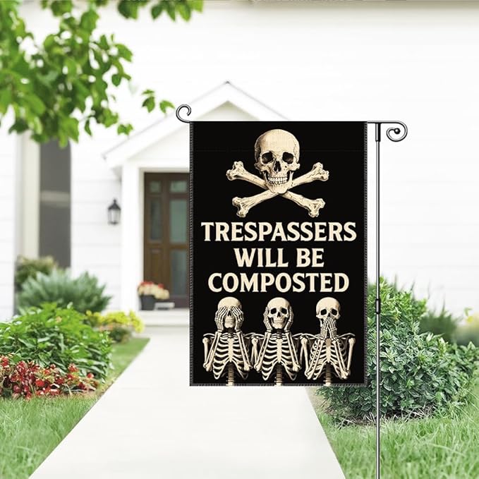 Trespassers Will Be Composted Garden Flag, Funny Skeleton Halloween Yard Sign for Outside, Skull Spooky Season Outdoor Porch Lawn Fall Decor, Plant Lover Gifts Gardener Halloween Banner