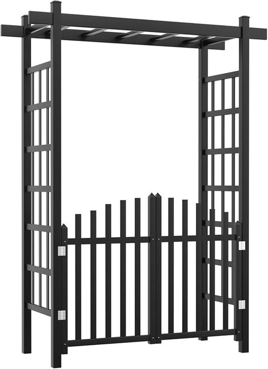 VINGLI Garden Arbor with Gate, PVC Wedding Arch for Ceremony Party, Garden Trellis for Climbing Plants Outdoor, Arch Backdrop Stand for Garden, Backyard, Lawn, Wedding (Black)