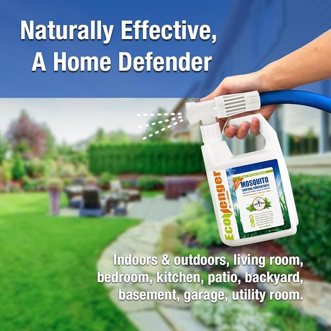 EcoVenger by EcoRaider Mosquito Control Triple-Action Hose-end Spray 32 oz, Kills Aphids, Gnats, Ticks, Kills All Stages + Larvae Control + Lasting Repellency, Citrus Scent, Non-Toxic Child-&-Pet-Safe