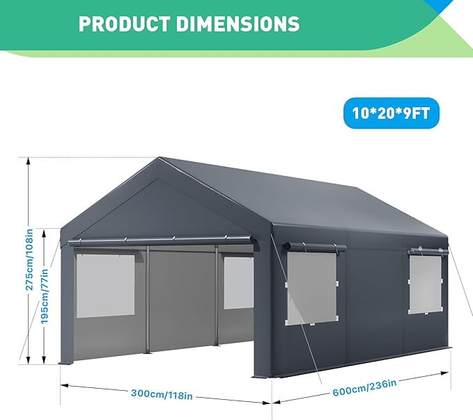 10x20 Ft Heavy Duty Carport, Portable Garage with Sidewalls, Doors, Ventilated Windows, Waterproof and UV Resistant Carport Canopy for Cars, Boats, Suvs, Gray