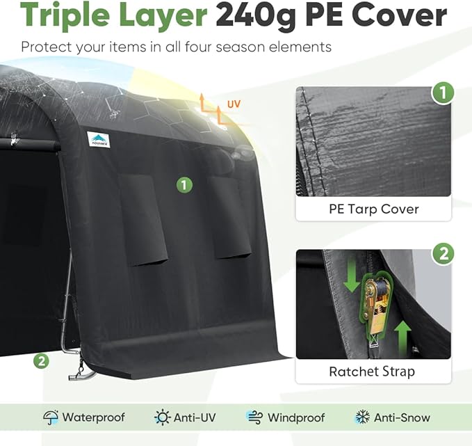 ADVANCE OUTDOOR 7x12 ft Shelter Storage Shed Steel Metal Round Peak Roof Portable Garage Carport for Motorcycle, Boat, or Garden Tools with 2 Roll up Doors & Vents, Gray