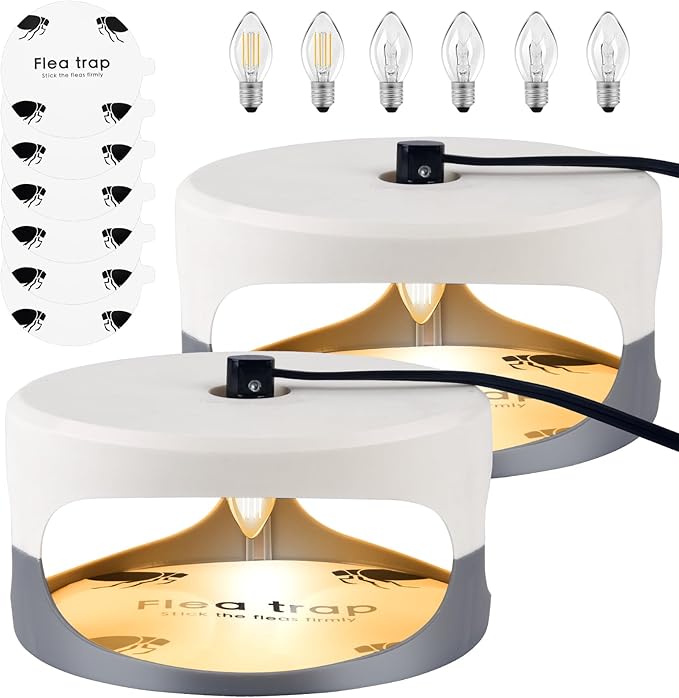 Flea Trap 2 Packs – Premium Flea Traps for Inside Your Home – Natural and Child-Friendly Light Trap for Indoor with Natural Glue Discs Refills and LED Lightbulb