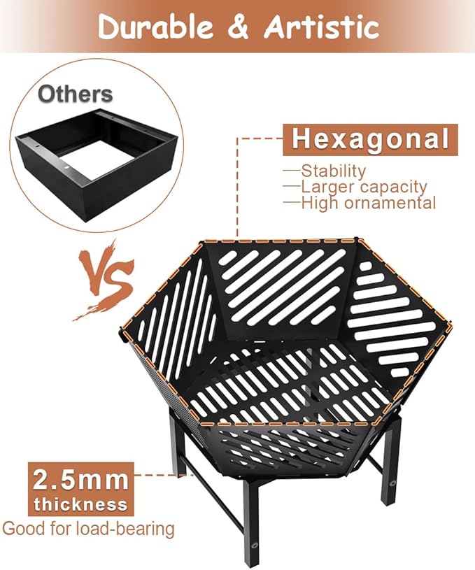 22.5 Inch Portable Plug Fire Pit for Camping, Heightened Detachable Outdoor Wood Burning Firepits for Outside Patio Heating, Picnic, Bonfire and BBQ with Travel Bag, Diagonal Hollow Style