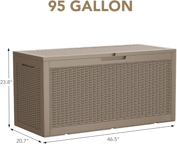 Devoko 95 Gallon Deck Box Large Resin Outdoor Storage Box, Waterproof and UV Resistant Lockable for Outdoor and Patio, Large Storage Cabinet for Patio Furniture, Tools and Pool Supplies, Light Brown