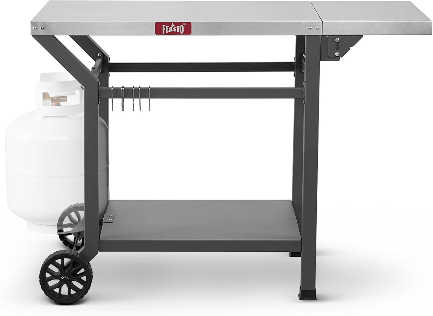 Outdoor Grill Table, 40’’x20’’ Movable Pizza Oven Table with Wheels, Stainless Steel Countertop Grill Cart with Storage Shelf & Foldable Extension, 6 Extra Hooks,for BBQ Food Prep