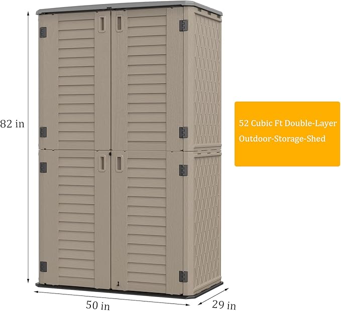 HOMSPARK Storage Shed Weather Resistance, Multi-Purpose Outdoor Storage Cabinet Waterproof, Outdoor Storage Cabinet for Garbage Cans, Lawnmower, Garden Accessories (Coffee, Tall shed-53 cu ft)