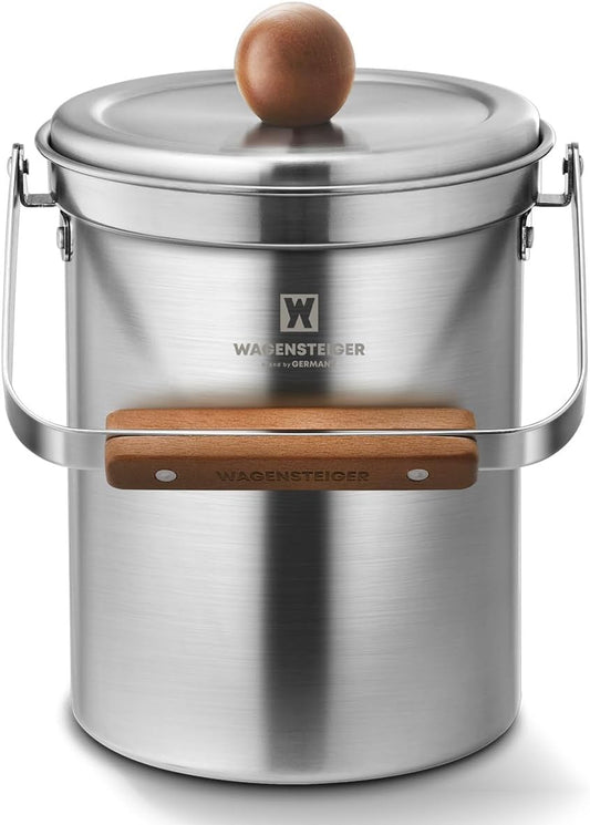 Kitchen Countertop Compost Bin 101ounces / 3Liters with Airtight Lid, SUS304 Stainless Steel Odor-Free Food Waste Bin with Wooden Handle Stylish Design/Bathroom Trash Can (Silver)
