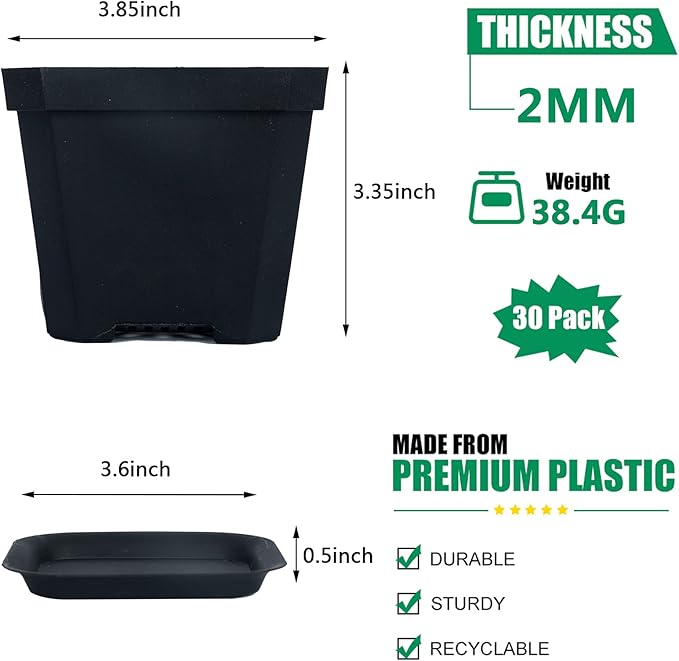 foxany 4" Plastic Nursery Pot, 30 Pcs Thick Plastic Square Planting Pots, Plant Seedling Pots, Seed Starting Pots - Black