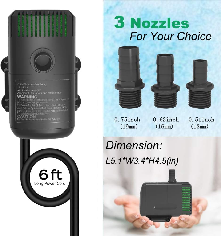 Submersible Pump 880GPH (3500L/H 60W) Ultra Quiet with Over Heating Protection 10.2ft High Lift for Fountains, Hydroponics, Ponds, Aquariums & More…