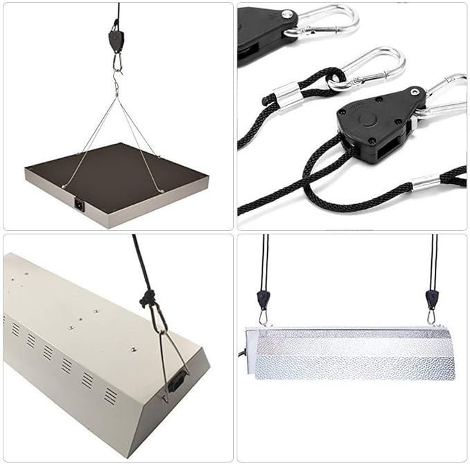 4 Pairs 1/8" Heavy Duty Ratchet Hangers, Adjustable Rope Hangers, Grow Light Rope Hangers for Grow Plant Fan Filter Light Room Equipment, 150 LB Capacity per Pair