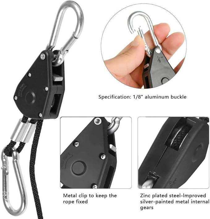 4 Pairs 1/8" Heavy Duty Ratchet Hangers, Adjustable Rope Hangers, Grow Light Rope Hangers for Grow Plant Fan Filter Light Room Equipment, 150 LB Capacity per Pair