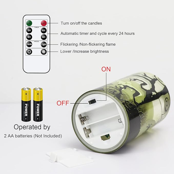 Eldnacele Halloween Flameless Candles with Remote Spider Web, Ghost, Castle Decals Battery Operated Real Wax Flickering Glass Pillar Candle for Spooky Holiday Decor 3 Pack