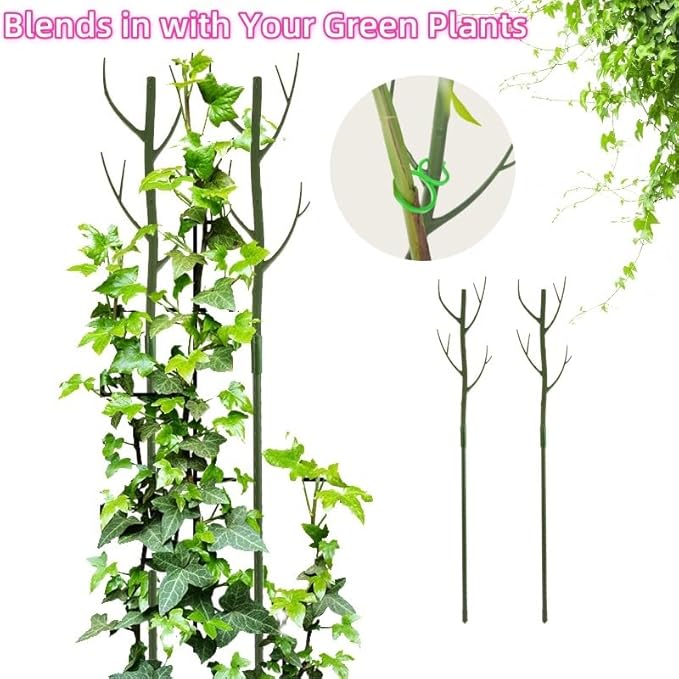 28 Inch Garden Plant Trellis for Indoor Plants, 6 Pack Plastic Trellis Support Stakes for Climbing Plants or Houseplants, Branch Shaped, Green