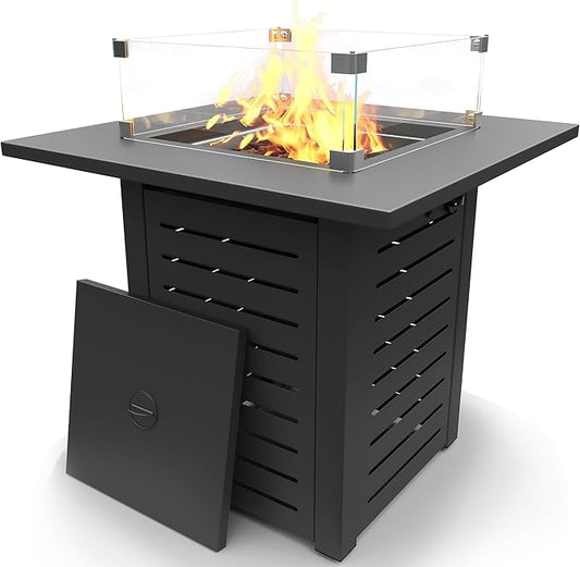 MBY 28'' Propane Fire Pit Table, 50,000 BTU Steel Gas Firepit for Outdoor Patio Deck and Garden, CSA Certified Fire Pit with Lid, Waterproof Cover, Glass Wind Guard and Lava Rock, Black