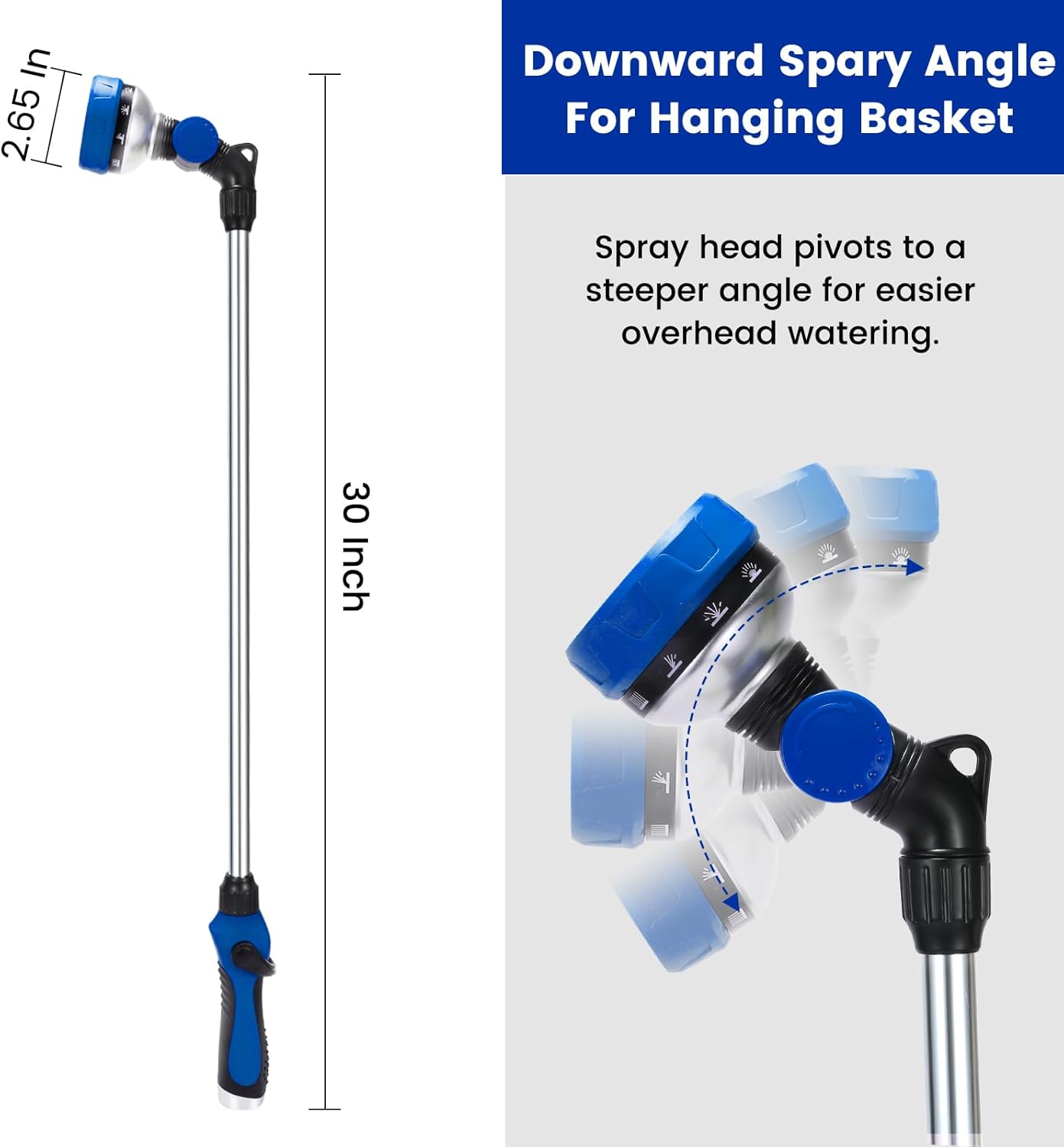 Watering Wand for Garden Hose, 30 Inch, 10 Spray Patterns, Thumb Control Garden Hose Nozzle, Adjustable Water Sprayer with Pivoting Head, Ideal for Hanging Baskets, Plants, and Shrubs, Blue