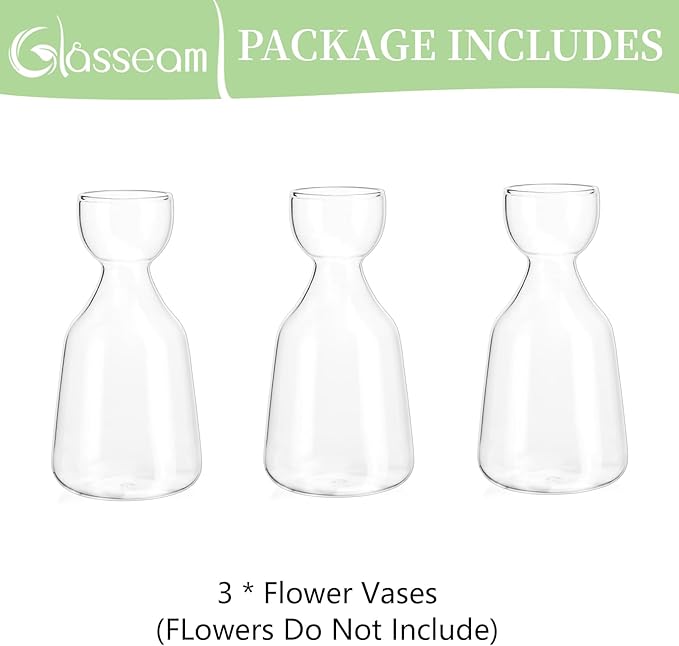 Glasseam Glass Avocado Vase: Acorn Vase for Bulb Growing Set of 3 Clear Small Bud Vases for Home Decor Hydroponic Plant Propagation Jar for Flowers Stems Clippings