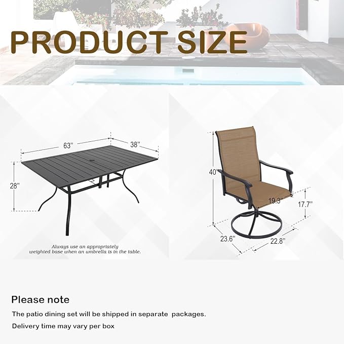 7-Piece Outdoor Dining Set, 6 Swivel Chairs＆63.5‘’ Rectangular Table All Weather Frame Furniture Set - Brown Style1