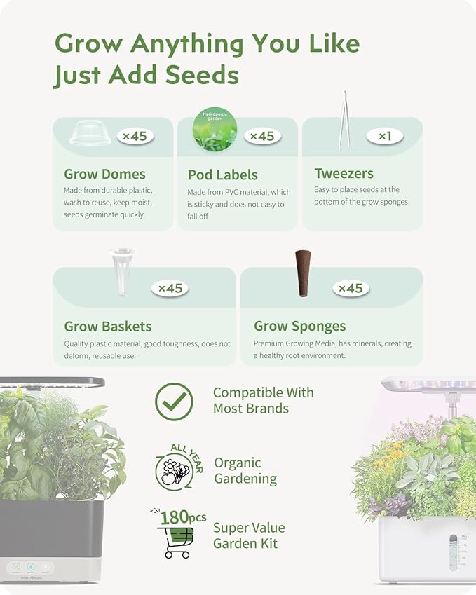 180Pcs Hydroponic Pods Supplies: Grow Anything Kit with 45 Grow Sponges, 45 Grow Baskets, 45 Grow Domes, 45 Pod Labels - Compatible with Hydroponics Growing System Indoor Garden from Most Brands