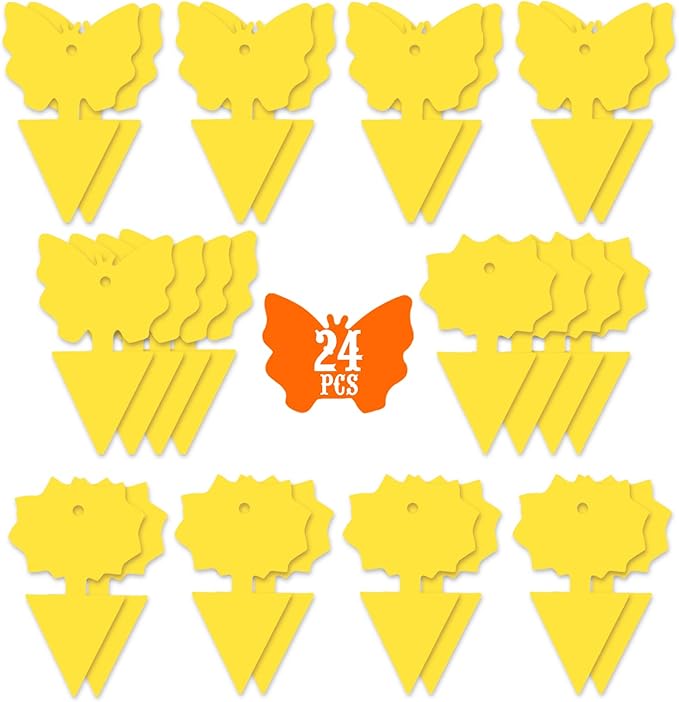 24PCS Fruit Fly Sticky Traps, Fungus Gnat Traps Insect Trap for Plants Kitchen Indoor and Outdoor（24 Light Yellow）