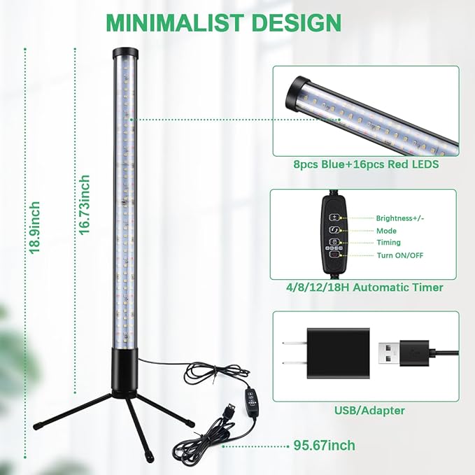 2-Pack, T10 Vertical Grow Light, 6000K Full Spectrum Desktop Plant Light 16.7",Hung or Stood, with 3 Modes & 5 Dimming Levels, Suitable Small & Medium Plants Indoors, Auto On Off Timing 4/8/12/18Hrs