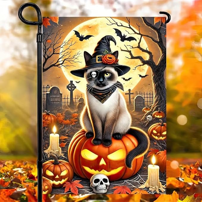 Happy Halloween Garden Flag Double Sided 12x18 Halloween Pirate Witch Cat Garden Flag Graveyard Full Moon Pumpkin Flag Holiday Outside Decorations Banner