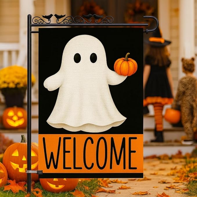 Welcome Halloween Garden Flag 12x18 – Double Sided Burlap Yard Flag for Outside with Ghost & Pumpkin – Weatherproof Fall Outdoor Decor
