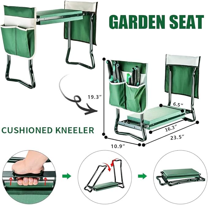 BDL Garden Kneeler and Seat, Upgraded Folding Bench Stool Portable Kneeler, Sturdy Gardening Tools with 2 Free Tool Pouch, Detachable Belt, A Pair of Garden Gloves, EVA Kneeling Pad