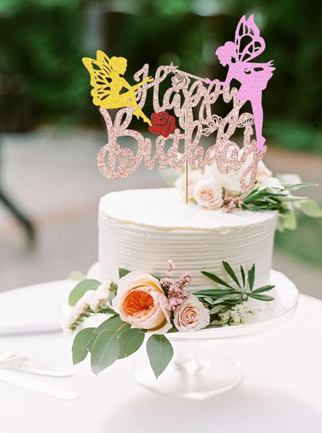 Fairy Party Cake Topper Fairy Birthday Cake Decoration Glitter Fairy Birthday Cake Picks Floral Fairies Party Decoration for Fairy Garden Baby Shower Supplies