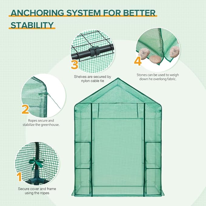 EAGLE PEAK Walk in 3-Tier Greenhouse with Wire Shelves, Portable Indoor and Outdoor Green House with Roll-Up Zippered Door & 2 Roll Up Side Windows, 4 Shelves, 61"x28"x79", Clear/Green PE Cover