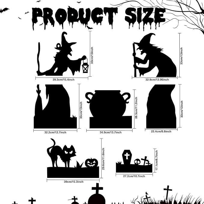 Large Halloween Witch Cutouts Decorations Outdoor, 60”×26”, Witch Silhouette Black Cat and Cauldron Set for Yard, Halloween Decor Outdoor, Scary Lawn and Party Decor, Waterproof & Easy to Install
