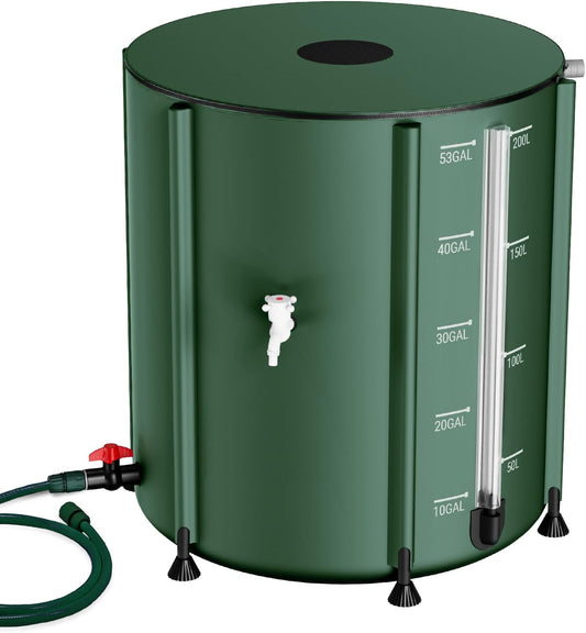 SKM Collapsible Rain Barrel, 53 Gallon Portable Rain Water Collection Barrel for Garden/Outside/Lawn, PVC Rainwater Collection System Water Tank Storage Container with Spigots & Overflow Kit, Green