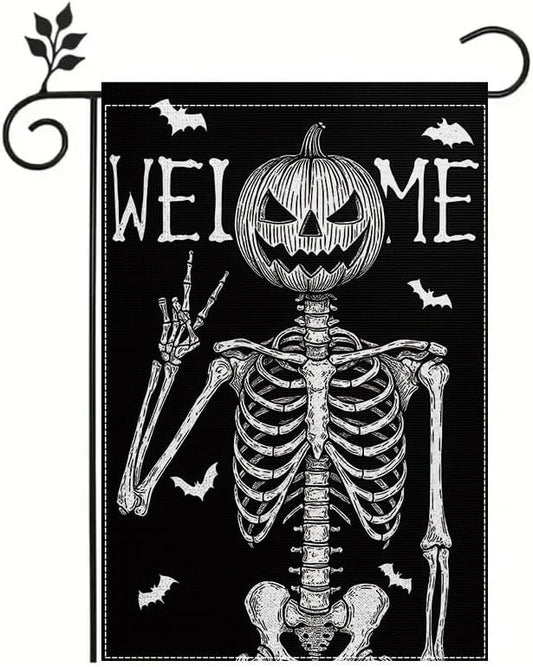 Halloween Welcome Garden Flag 12x18 Inch Double Sided, Grim Reaper Skeleton Pumpkin Yard Flag, Outdoor Porch Patio Lawn Decoration for Haunted House, Birthday Party, Holiday Seasonal Décor