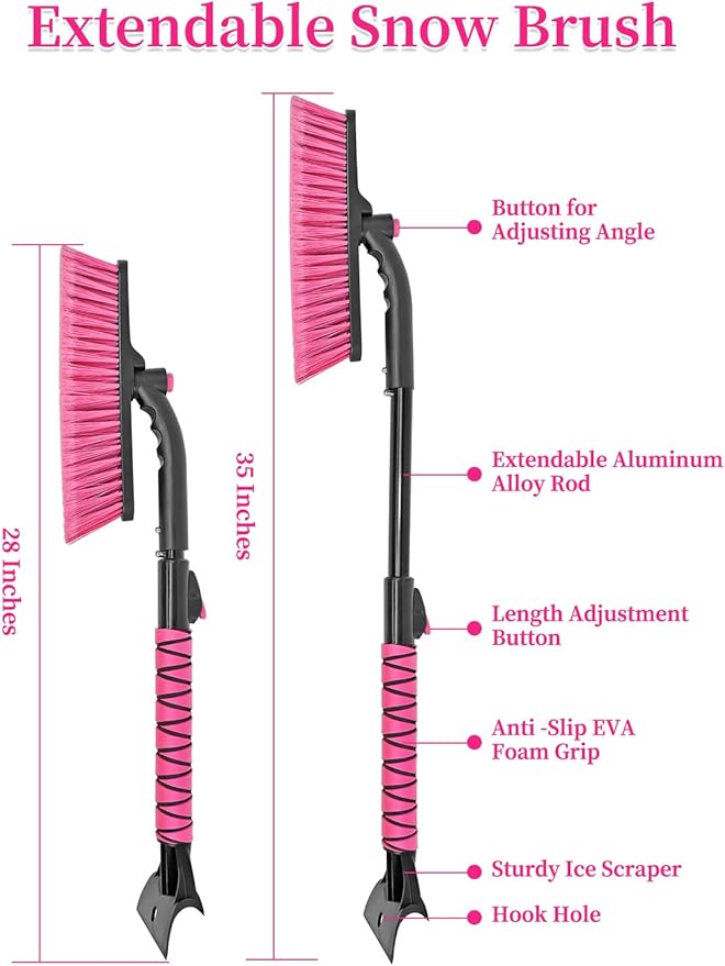 HEEYA Snow Brush for Car, Extendable Snow Brush and Ice Scraper with Foam Grip, Car Window Scraper for Snow and Ice for SUV Truck Auto Jeep RV Vehicle Windshield - Pink