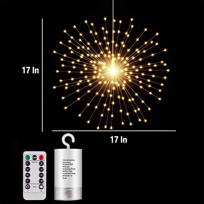 200LED Hanging Sphere Lights, Battery Operated Starburst Lights, 8 Modes Dimmable Remote Control, Waterproof Fairy Light, Copper Wire Light for Indoor Outdoor Christmas Decor (Warm White)