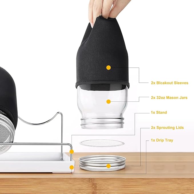 Organic Seed Sprouting Jar Kit – 2 × 32 oz Wide-Mouth Mason Jars with Stainless-Steel Sprouter Lids & Stand, Blackout Sleeves, Drain Tray – Grow Broccoli, Alfalfa & Bean Microgreens