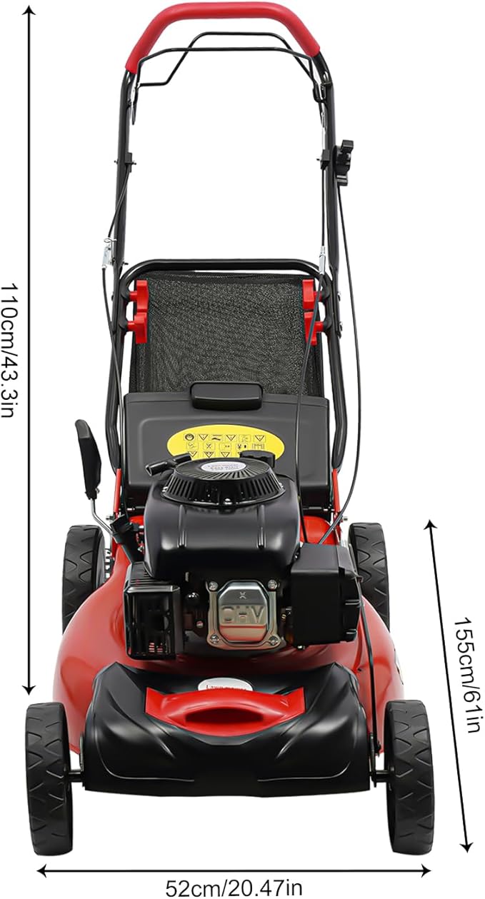 140CC 4 Stroke Walk-Behind Lawn Mower Gas Powered Push Lawn Mower with Wheels and Grass Collecting Bag Grass Trimmer for Yards Gardens Lawns, 8 Adjustable Height, 20-in Cutting Width,5HP