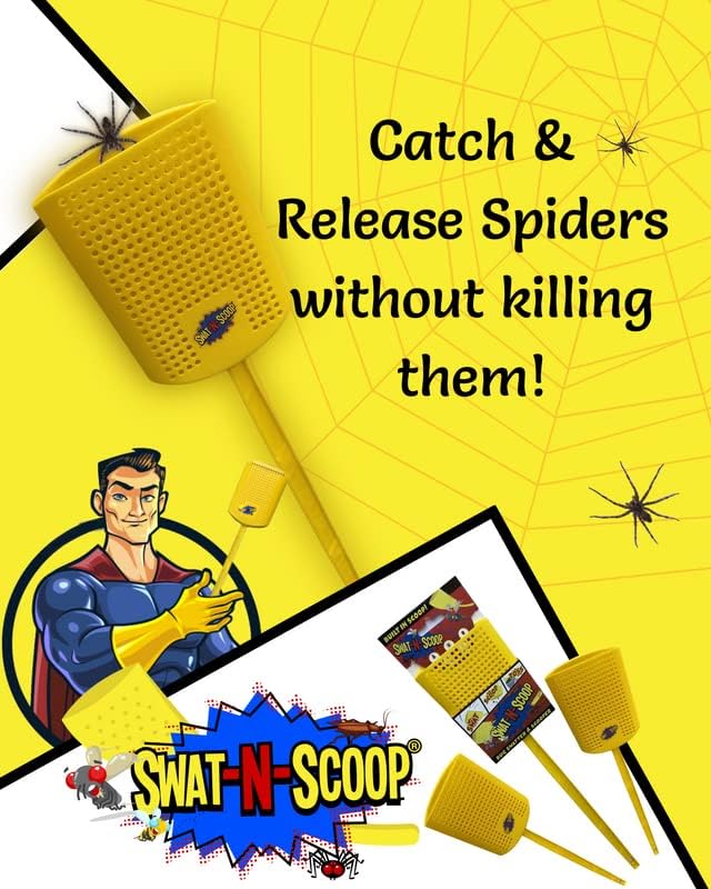 Heavy Duty Fly Swatter and Spider Catcher and Release. Insect Fly Catchers for Inside Home. House Fly Swatter or Humane Bug Catcher with Built in Insect Scoop. (2pk, Yellow)