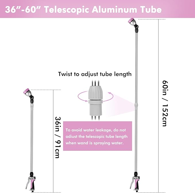 RESTMO 36”-60” Metal Watering Wand, Long Telescopic Tube | 180° Adjustable Ratcheting Head | 7 Spray Patterns | Flow Control, Garden Hose Sprayer to Water Hanging Baskets, Shrubs, Pink