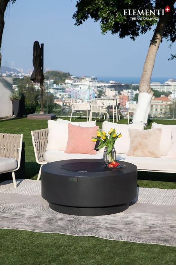 Elementi+ | Bundle Nimes Gas Fire Pit Cast Concrete 40" Dia. Round Fire Table, Outdoor Fire Pit Electronic Ignition | Canvas Cover, Fire Glass and Burner Lid Included | Dark Gray | Natural Gas