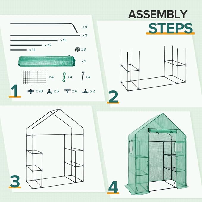 EAGLE PEAK Walk in 3-Tier Greenhouse with Wire Shelves, Portable Indoor and Outdoor Green House with Roll-Up Zippered Door & 2 Roll Up Side Windows, 4 Shelves, 61"x28"x79", Clear/Green PE Cover