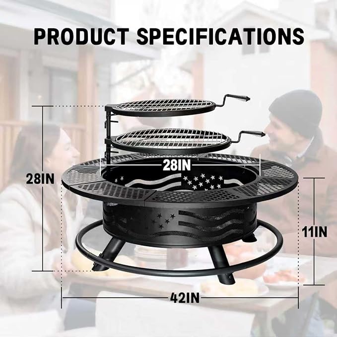 42 Inch Fire Pit with 2 Cooking Grates, Outdoor Wood Burning BBQ Grill Firepit Bowl with Cover Lid, Steel Round Table for Backyard Bonfire Patio Picnic (Black, 42)