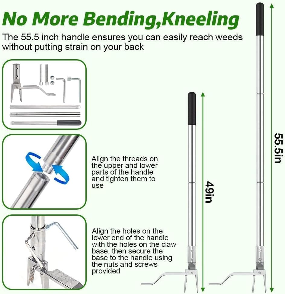 Stainless Steel Stand Up Weed Puller Tool with Long Handle, Thickened 304 Stainless Steel Foot Pedals & 2-Claw Head, Weeding Weed Remove Tool for Lawn/Yard
