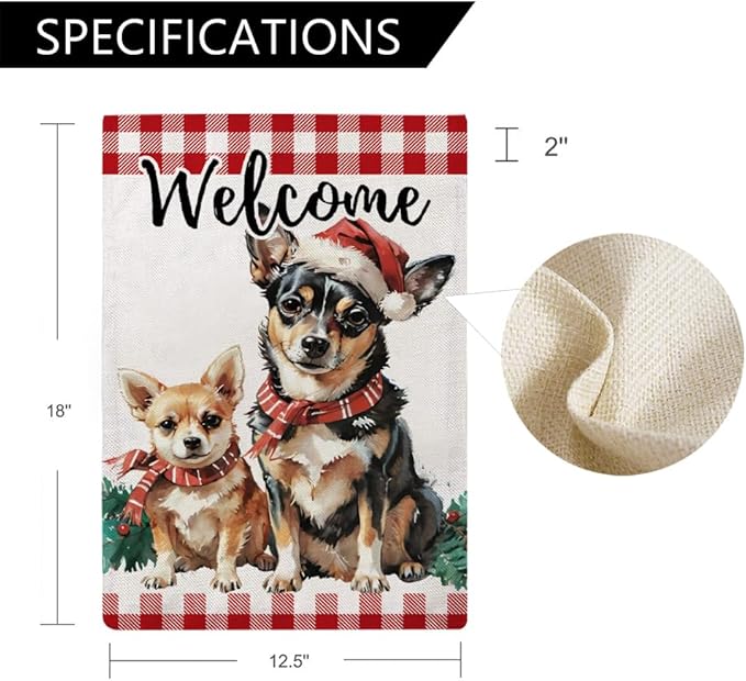 Christmas Dogs Garden Flag with Santa’s Hat Design Double Sided Farmhouse Welcome Decorative Small Burlap Flags 12.5 x 18 Inch for Winter Holiday Christmas Season Decor (Red)