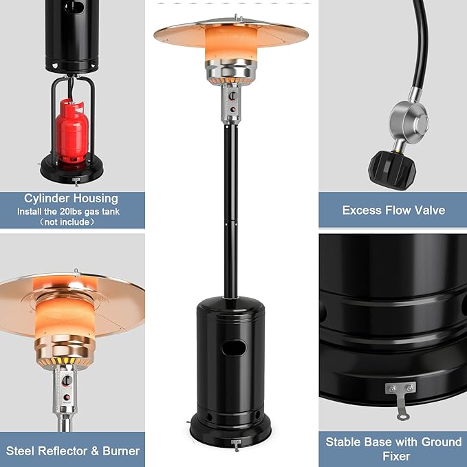 COSTWAY Outdoor Patio Heater, 50000 BTU Propane Heater with Stainless Steel Burner and Wheels, Triple Protection System, Standing Portable Outside Heater for Porch, Deck, Home and Commercial, Black