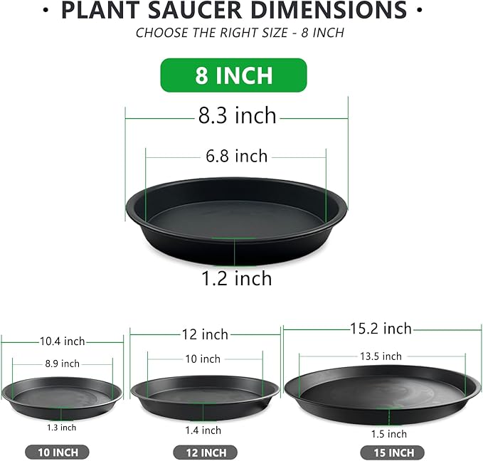 6 Pack 8 Inch Black Plant Saucers, Heavy Duty PP Plastic Plant Trays for Pots, Durable Flower Pot & Planter Saucers, Water Catcher Drip Trays Indoor Outdoor Use