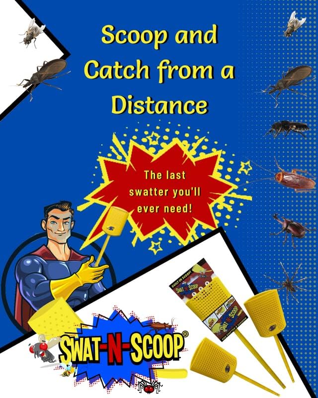 Heavy Duty Fly Swatter and Spider Catcher and Release. Insect Fly Catchers for Inside Home. House Fly Swatter or Humane Bug Catcher with Built in Insect Scoop. (2pk, Yellow)